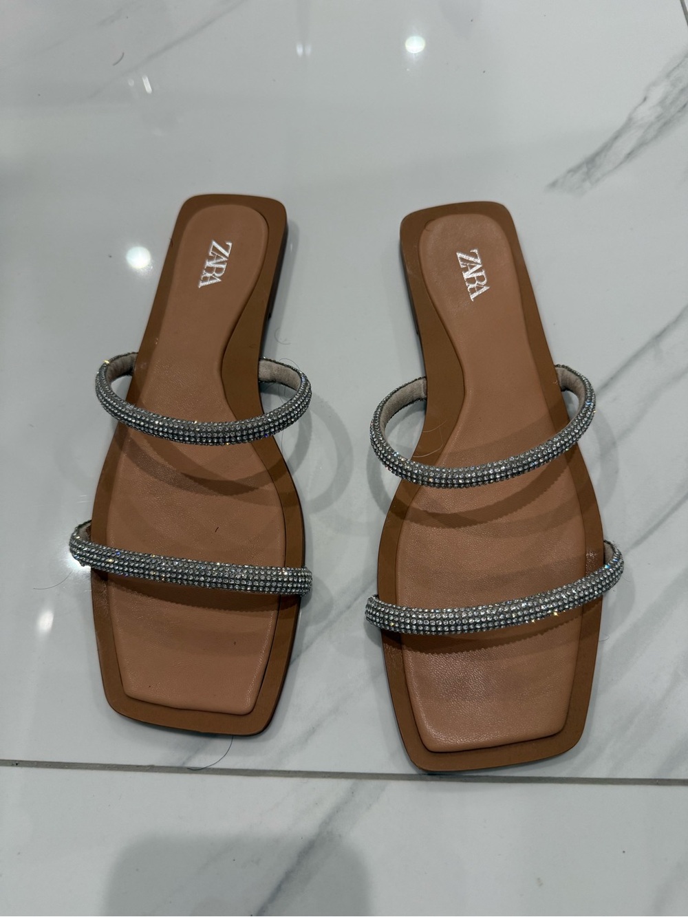 Zara Tan Slide Sandals with Rhinestone Double Straps